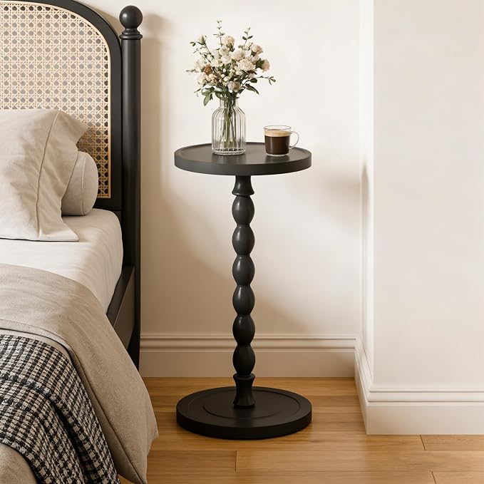 Small Side Table, Rubberwood‌ Drink Table for Small Spaces, Solid Wood Pedestal Coffee Tables, Round End Tables for Living Room, Sofa Couch, Bedroom, Corners, and Office (Black, 11.81 inch)