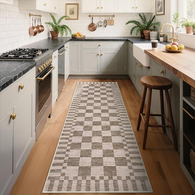 GarveeHome 2×10 Kitchen Runner Rug Non Slip,Brown Checkered Rug,Washable Runner Rug for Hallway Soft Low-Pile Geometric Checkerboard Rugs for Entryway Kitchen Dining Room