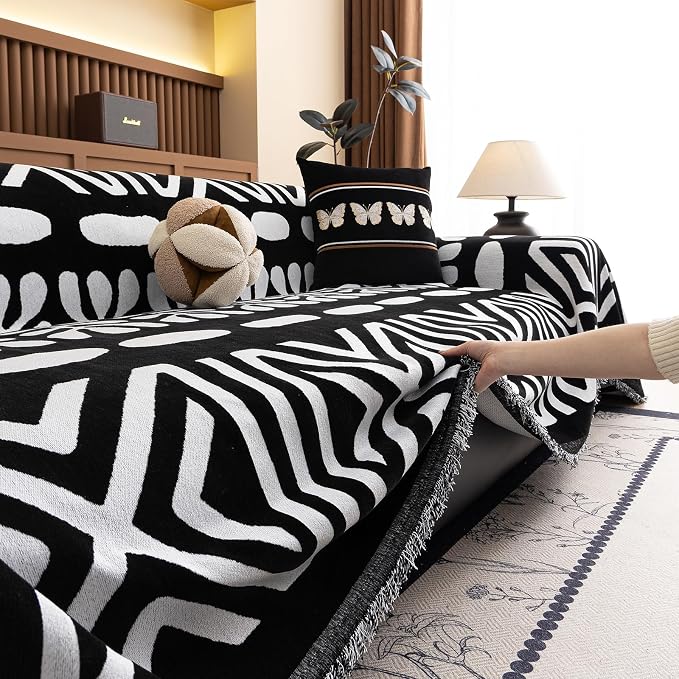 VClife Minimalism Tribal Couch Cover Non Slip White Black Geometric Jacquard Sofa Cover Washable Bohemian Style Aztec Couch Slipcover for Sectional Couch Chenille Furniture Protector 71''x134''