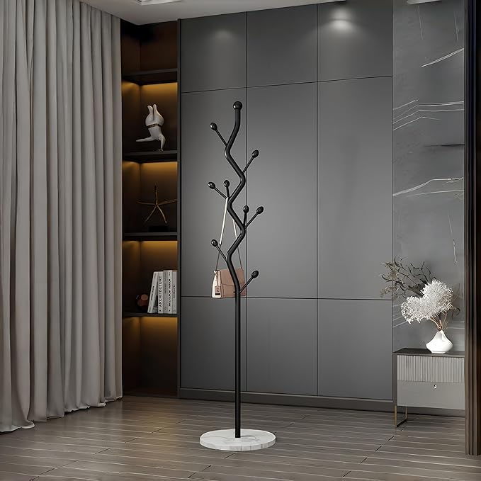 Modern Freestanding Coat Rack, Tree-Shaped Metal Hall Tree with 8 Hooks & Marble Base, Sturdy Entryway Organizer for Coats, Hats, Scarves, Purses, Ideal for Bedroom, Hallway, Office(Black)