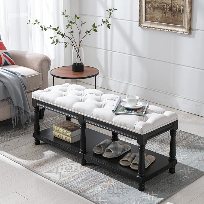 Farmhouse Storage Bench Wooden Entryway Linen Upholstered Ottoman Button Tufted Bench with Black Legs for Bedroom End of Bed Hallway Organizer, Beige, 45 Inch