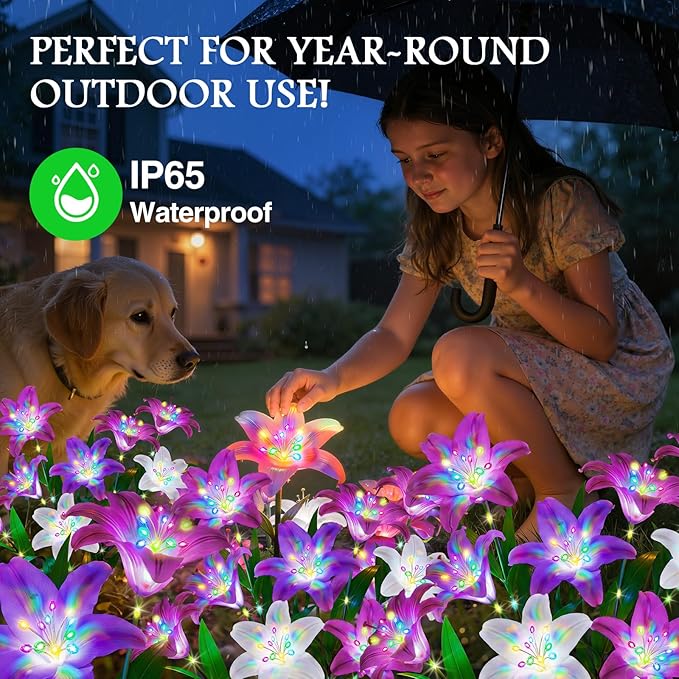 Upgrade Solar Lights Outdoor Garden Decor: 2 Pack Solar Lily Flowers, 10 Colored Blooming Lilies with Glowing Stems, Waterproof Decorative Light for Yard Patio Flower Bed, Gifts for Women