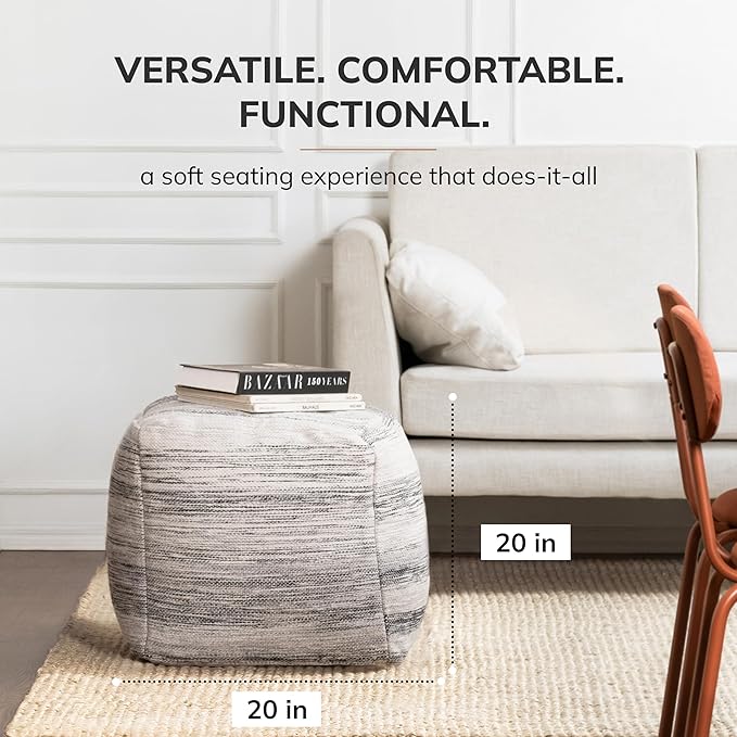 Anji Mountain Pouf Ottoman Foot Rest, Handmade Ottoman Pouf, Comfortable Foot Stool, Decorative Floor Seating for Living Room Decor, Bedroom & Home Décor Accent - Graphite Stripe