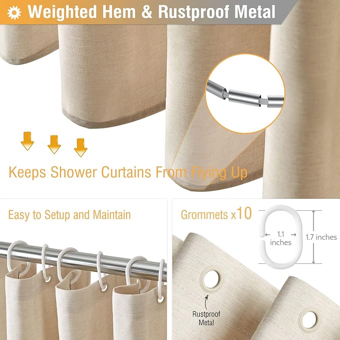 BTTN 54x78 Stall Shower Curtain, 54 Wide Linen Textured Heavy Duty Cloth Shower Curtain Set with 10 Plastic Hooks, Narrow Hotel Luxury Weighted Fabric Shower Curtains for Bathroom, Beige/Cream