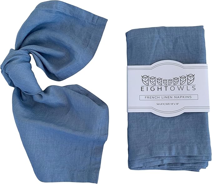 Linen Napkins –100% French Flax – Stonewashed Pure Linen Cloth Napkins - Size 18 Inch x 18 Inch – Set of 4 (Dusty Pastel Blue)