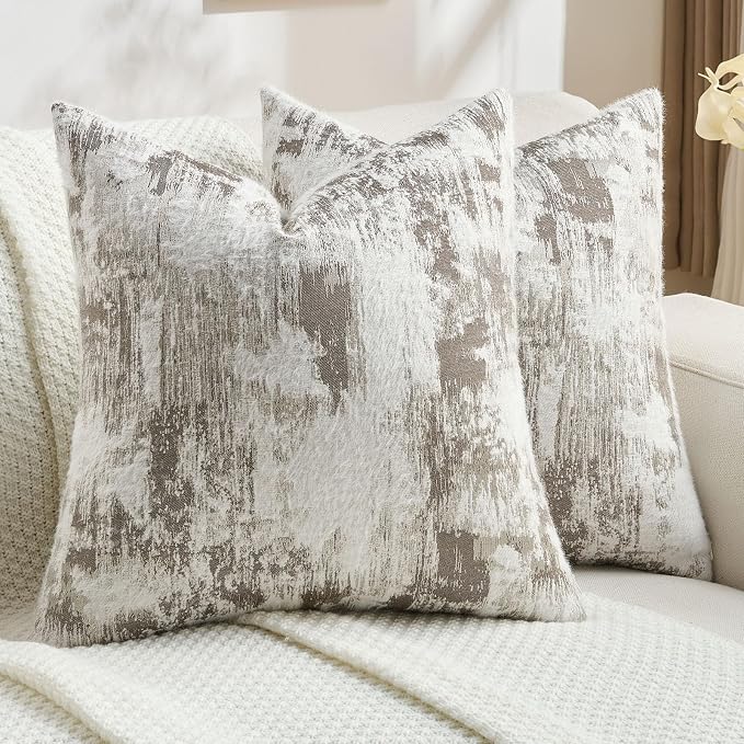 FUTEI Pack of 2 Faux Cashmere Jacquard Throw Pillow Covers 20x20 Inch Soft Marble Pattern Vintage Decorative Cushion Case Modern Farmhouse Accent for Couch Bed Living Room, Taupe White