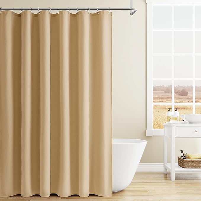 Naturoom Gold Yellow Linen Shower Curtain, Country Boho Farmhouse Bath Decor Shower Curtains Neutral Cloth Weighted Textured Fabric Bath Curtain Liner with Hooks, 72x72