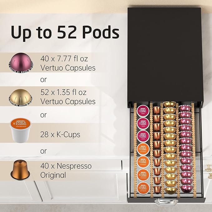 KES Adjustable Metal Coffee Pod Holder Drawer Fit All Pods Size, Heavy Duty Coffee Pod Organizer for Nespresso Vertuo, K-cup, Nespresso Origin Capsules, 40/52Pcs Capacity, Matte Black, KCPH502-BK