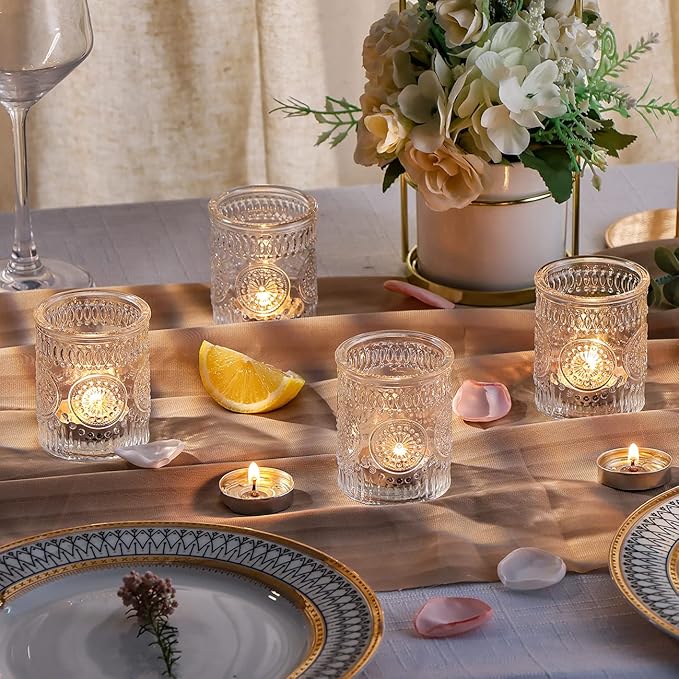 DARJEN 12PCS Clear Votive Candle Holders - Glass Candle Holder for Tea Light Candle, Embossed Tealight Candle Holder for Wedding Centerpiece, Living Room & Home Table Decor