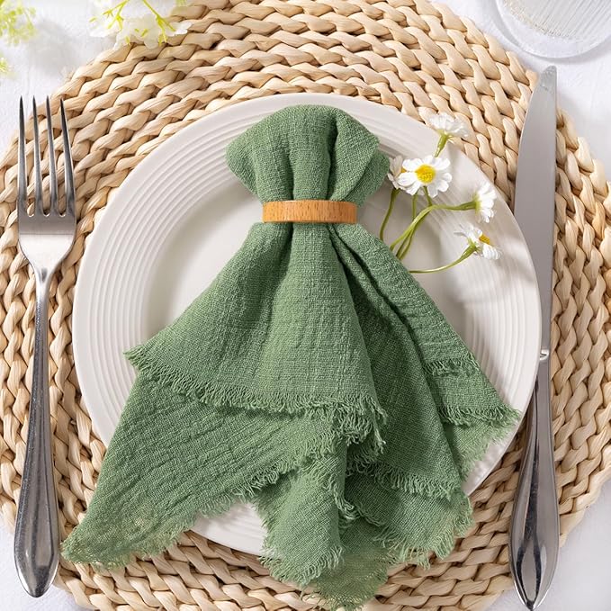 MLMC 6 Pack Sage Green Cloth Napkins with Fringe Boho Linen Napkins Washable Reusable Rustic Dinner Table Decor 17"×17" for Wedding Party Bridal Baby Shower Home Decor