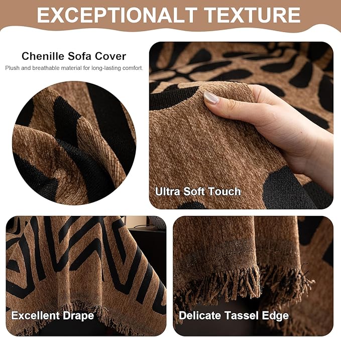VClife Couch Cover Bohemian Morroccan Sofa Cover Washable Sofa Slipcover for 3-4 Cushion Couch Sofa Non Slip Soft Chenille Furniture Protector Modern Brown Black Slip Cover for Couch 71''x150''