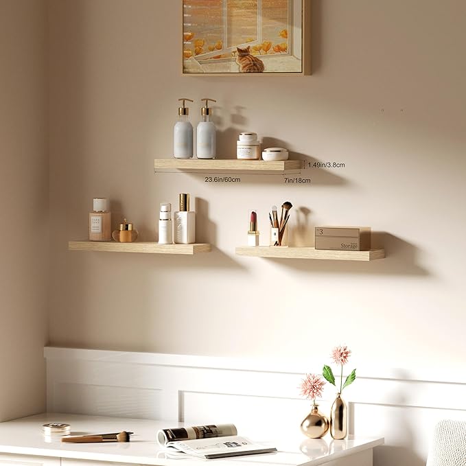 Floating Shelves for Wall, Bathroom Shelves Over Toilet, Wall Shelves & Book Shelf for Room, Hanging Shelf, Modern Wooden Mounted Floating Shelves, 24x7x1.5 in (Oak, Set of 3)