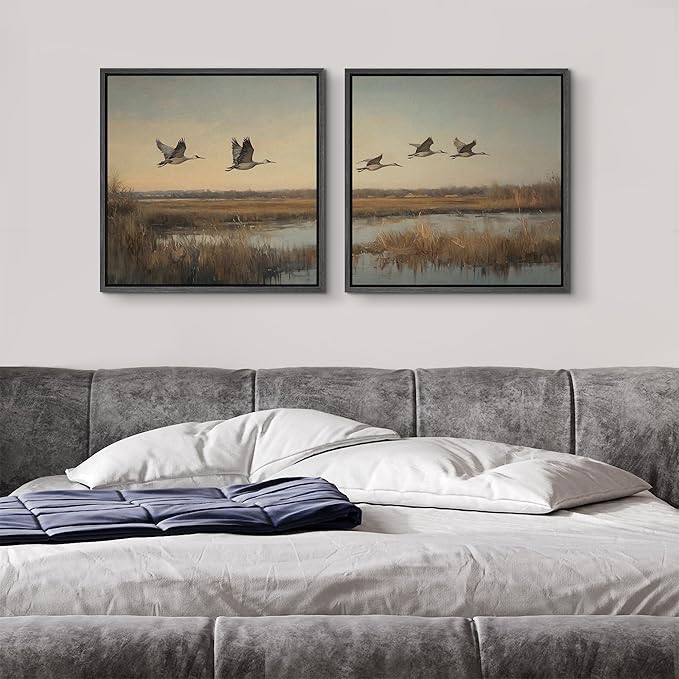SIGNFORD Framed Canvas Print Wall Art Set Flying Cranes Over Marsh Nature Bird Landscape Illustrations Modern Art Minimal Relax/Calm for Living Room, Bedroom, Office - 16"x16"x2 Black