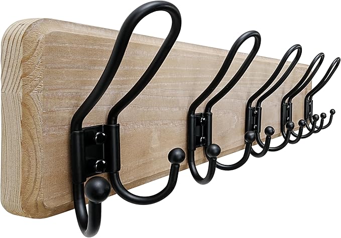 Dseap Coat Rack Wall Mounted - Heavy Duty Farmhouse Rustic Wall Coat Hanger with 5 Wire Hooks for Clothes Hat Jacket Towel, RusticWire, J1-5A, Weathered Brown & Black