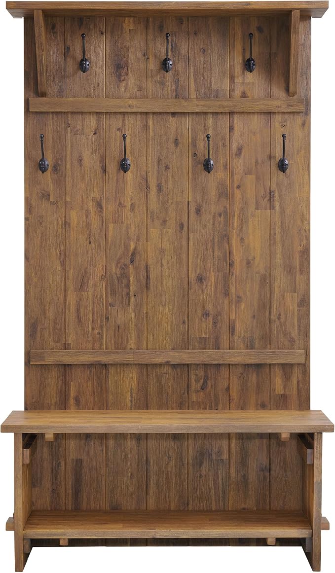 Alaterre Furniture Bethel Hall Tree with Bench – Rustic 70-Inch Entryway Organizer with 7 Metal Double Coat Hooks, Solid Wood Bench and Storage Shelves for Mudroom or Hallway (Natural Aged Brown)
