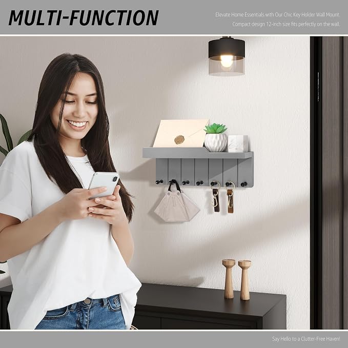 Rebee Vision Modern Key Holder Wall Mount - Decorative Key and Mail Holder for Wall with Shelf - Elevate Your Space with Chic Aesthetic Home Decor in Room Decor and Apartment Essentials (Light Gray)