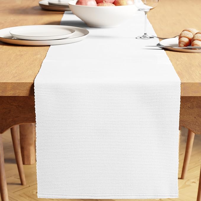 Encasa XO Dining Table Runner 13"x94" | Yarn Dyed Fine Ribbed Cotton | White | Machine Washable