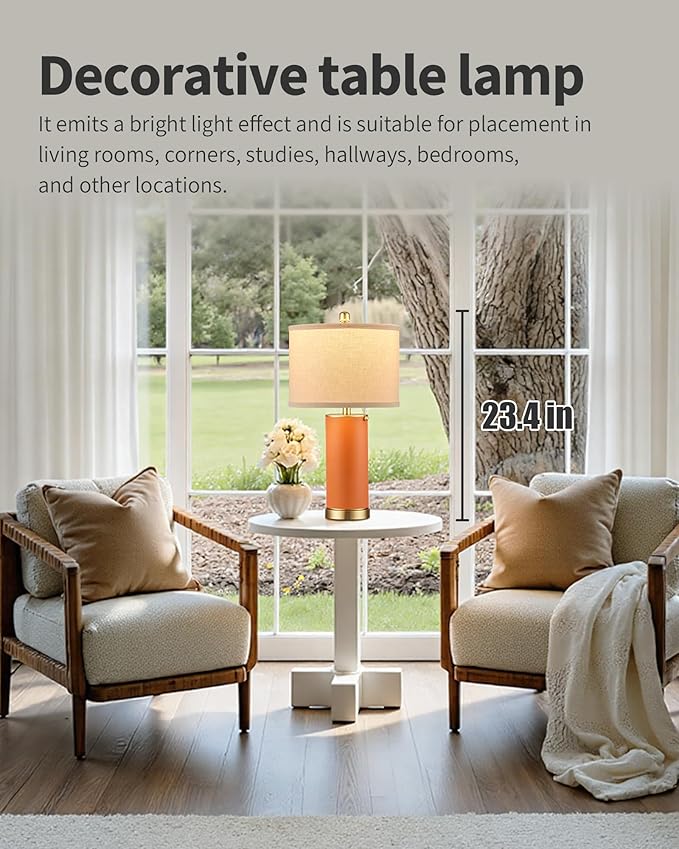 KDG 23.4" Orange PU Leather Table Lamps for Living Room Set of 2, E26 Socket LED Modern Home Decor Fabric Lampshade Desk Lamp Lighitng for Bedroom, Bedside, Farmhouse, Nightstand, Night Light