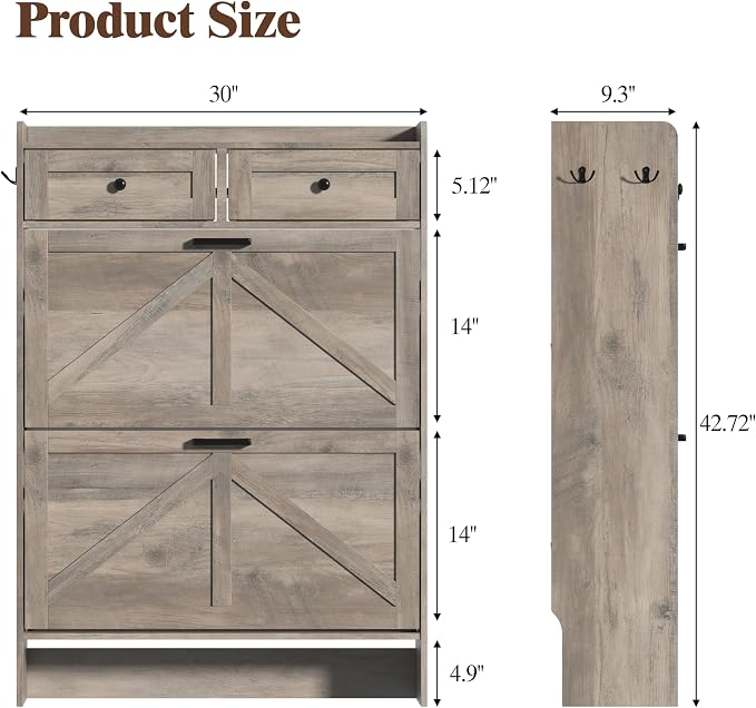 Thacuok Shoe Cabinet with 2 Flip Drawers & 2 Storage Drawers, Rustic Farmhouse Narrow Shoe Organizer Cabinet, Slim Shoe Rack Cabinet, Shoe Storage Cabinet for Entryway, Hallway