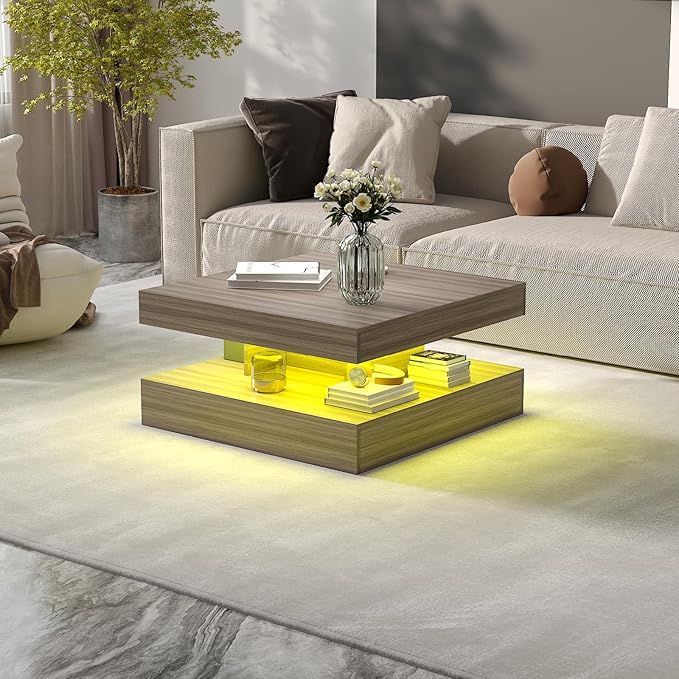 HedoAjim LED Coffee Table for Living Room, Living Room Table 2-Tier Square Middle Center Table, Modern Coffee Tables with Storage, Contemporary Wood Tea Tables for Dining Reception, Grey Wood