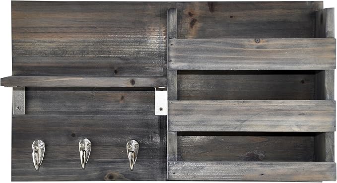 Wall-Mounted Key Holder Hooks - Rustic Wood Weathered Grey & Black - Entryway Organizer for Mail, Leashes, and Purses - Floating Shelf, 16.5” W x 9.75" H x 4.5” D