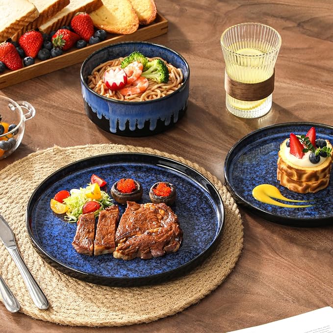 vancasso Starry Plates and Bowls Sets,12 Pieces Blue Dinnerware Sets for Kitchen,Modern Stoneware Dishes Set for 4,Dishwasher and Microwave Safe