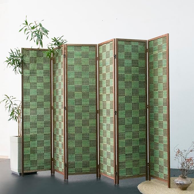 Furnnylane 6 Panel Room Divider Screen and Folding Panel Screen,Double Sided Bamboo Divider for Room Separation,Emerald Square,67" H x 94.5" W