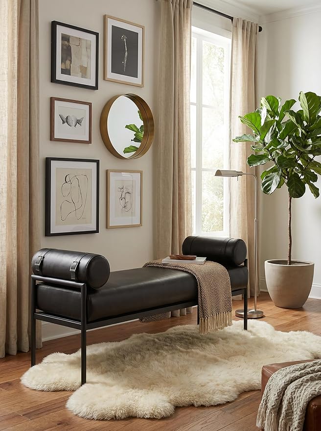 LukeAlon Modern 55" End of Bed Bench Long King Upholstered PU Leather Ottoman Bench with Arms & Detachable Strappy Pillows for Bedroom Entryway Window Bench with Black Metal Legs, Black