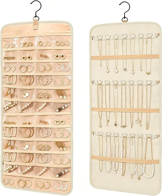 Hanging Jewelry Organizer, Double-Sided Jewelry Organizers and Storage with 48 Pockets and 21 Hooks for Necklaces Earrings Rings, Jewelry Travel Roll Over the Door for Closet Wall (1, White)