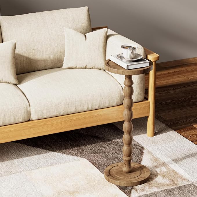 Small Side Table, Rubberwood‌ Drink Table for Small Spaces, Solid Wood Pedestal Coffee Tables, Round End Tables for Living Room, Sofa Couch, Bedroom, Corners, and Office (Brown, 9.4 inch)