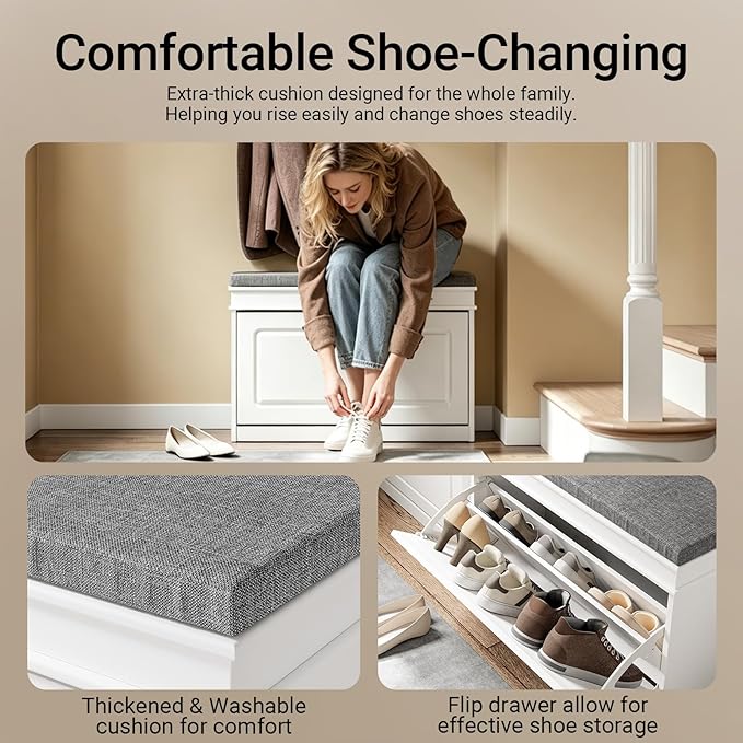 Haotian Shoe Storage Bench with Cushion, White Narrow Shoe Rack for Entryway, Small Shoe Cabinet with Flip-Drawer, Closet Hallway Mudroom FSR82-L-W