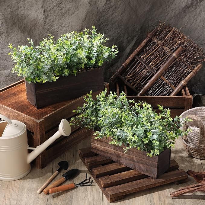 Lyrow 2 Pack Artificial Eucalyptus Plant in Rustic Rectangular Wooden Planter Box Greenery Faux Potted Herb Plant for Indoor Wedding Table Centerpiece(Green,11.4 x 3.7 x 7.8 Inches,Retro Style)
