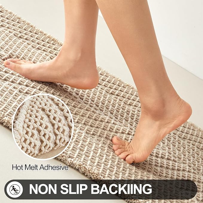Sunfly Waffle Runner Rug Bathroom, Boho Bath Mat Super Absorbent & Quick Dry, Non-Slip Washable with Tassels, Ultra Soft Farmhouse Long Bathroom Rug 24"x72" Beige