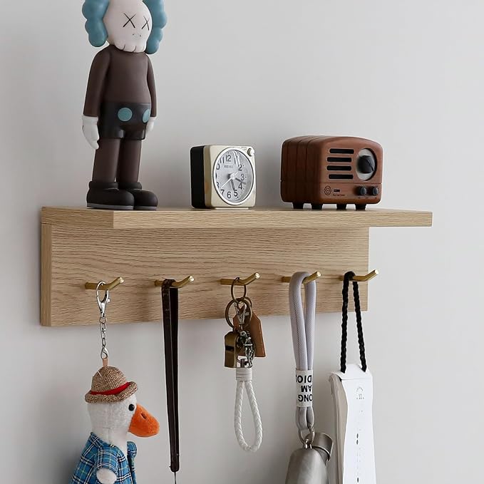 Marine Plywood Wall Mounted Coat Rack with Shelf & Key Hooks, 5 Brass Hooks Entryway Organizer, Modern Floating Shelf for Bedroom Hallway, Space-Saving Home Storage Rack (1, Oak Finish)