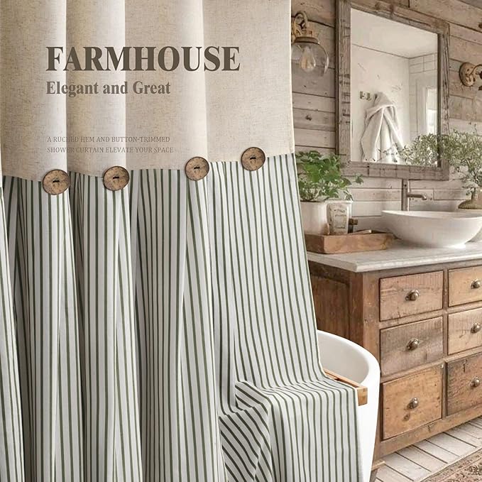 Farmhouse Shower Curtain Linen Button Woven Fabric Country Rustic Western, Pleated Green Stripe 72" W x 96" L