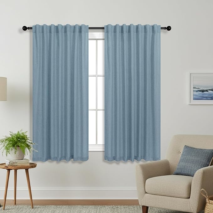 KOUFALL Light Country Blue Kitchen Curtains,Linen Sheer Boho Rustic Farmhouse Short Curtains for Bathoom,45 Inch Length,Grey Dusty Blue