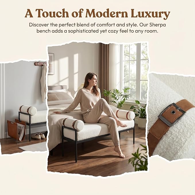 LukeAlon Modern 55" End of Bed Bench Long King Upholstered Sherpa Ottoman Bench with Arms & Detachable Strappy Pillows for Bedroom Entryway Window Bench with Black Metal Legs, White (Strap: Brown)