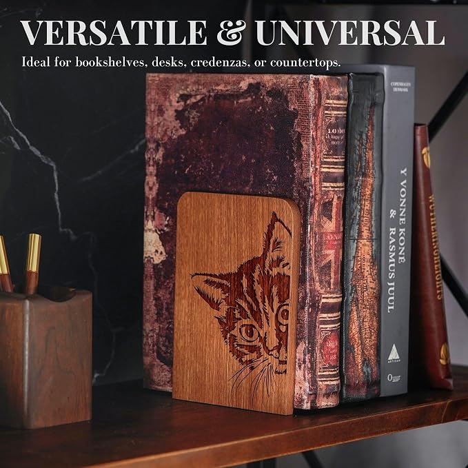 INNObeta Decorative Wooden Book Ends, Animal Bookends, Heavy Duty Bookends for Shelves Unique Design(1 Pair, 4.72x6.69 Inches) - CatPeek