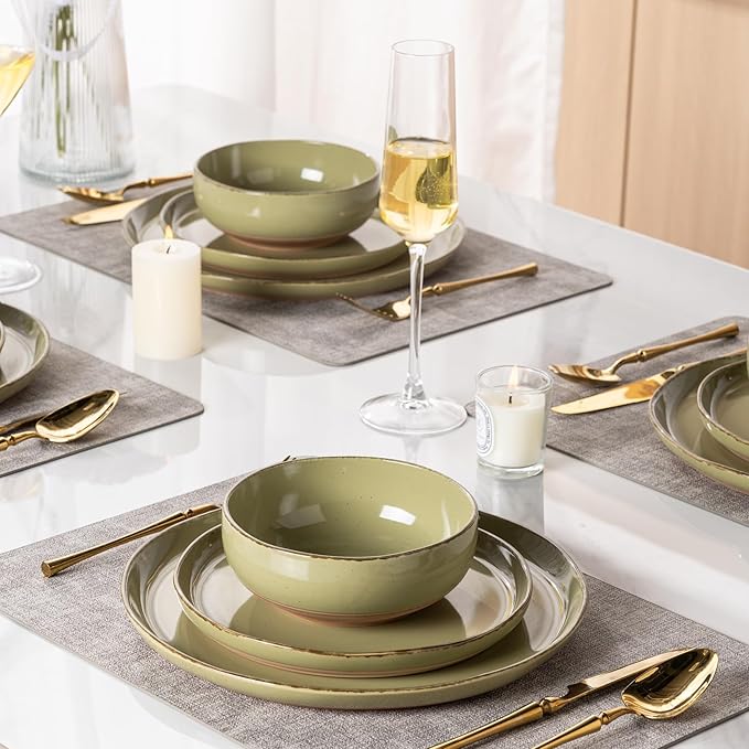 AmorArc Ceramic Dinnerware Sets for 4, 12 Pieces Handpainted Plates and Bowls Set with Rustic Terracotta Underside, Scratch Resistant Stoneware Dishes Set, Dishwasher & Microwave Safe, Olive Green