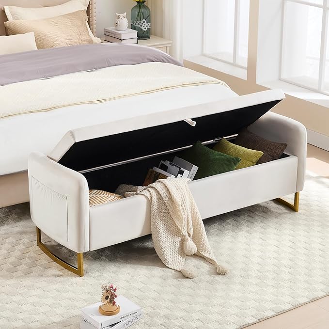 65" Storage Ottoman Bench, Velvet Storage Bench for Bedroom, End of Bed Storage Bench with Tufted Upholstered and Gold Legs, Bedroom Benches with Arms for Living Room Window and Entryway Beige