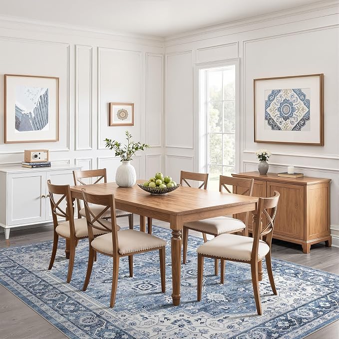 10x14 Area Rugs Living Room: Washable Boho Large Neutral Vintage Soft Rug Stain Resistant Farmhouse Non-Slip Indoor Floor Retro Carpet for Bedroom Nursery Kids Office Dining Room- Blue Gray