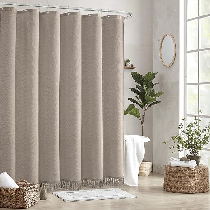 60 Inch Wide Taupe Shower Curtain, Linen Textured Fabric Shower Curtain with Tassels, Modern Farmhouse Thick Bath Curtains for Bathroom, W60 xH72, Taupe