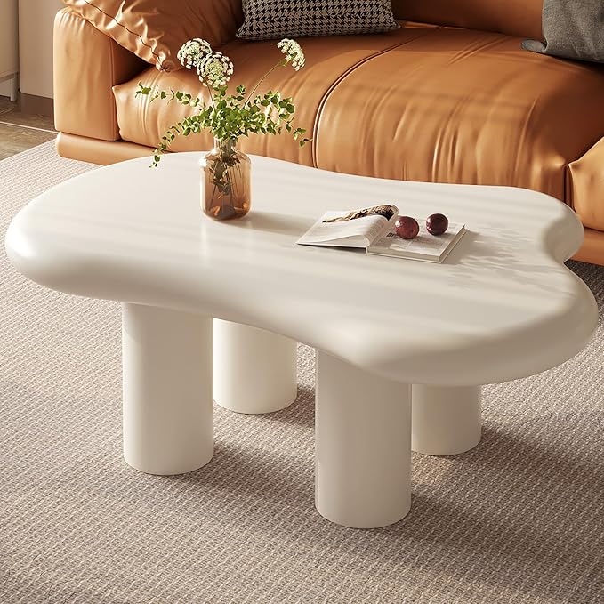 Guyii Cloud Coffee Table, Cute White Modern Tea Table, Irregular Indoor End Table for Living Room, Free Shape with 4 Legs, 35.43 Inches