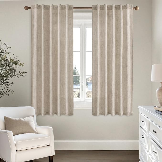 MIULEE Faux Linen Curtains 63 Inch Length 2 Panels Natural Khaki Semi Sheer Curtain with Back Tab Rod Pocket, Light Filtering Window Privacy Burlap Drapes for Living Room Bedroom 42W x 63L