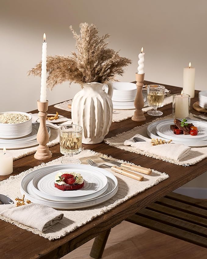 24-Piece Stoneware Dinnerware Set – High Edge Plates & Bowls with Reactive Glaze, Speckles & Spirals, Scratch Resistant Dish, Microwave Dishwasher Safe, Service for 8, Gift Box, White