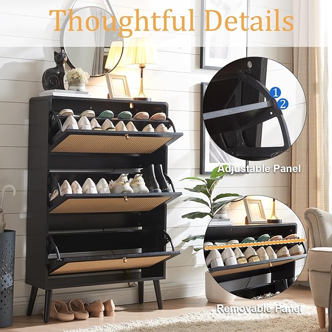Rattan Shoe Cabinet with 3 Flip Drawers, 48 Pairs Narrow Shoe Storage Cabinet for Entryway Freestanding Hidden Shoe Rack, Modern Slim Wood Shoe Organizer for Hallway, Black