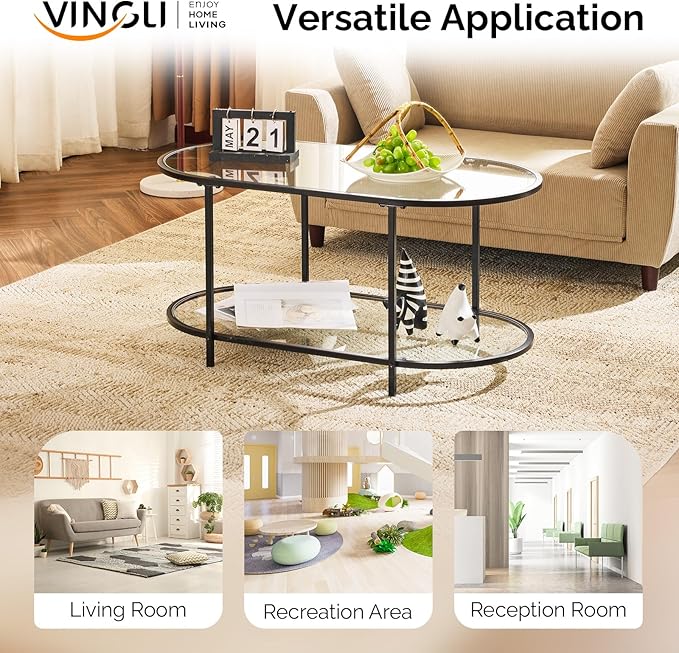 VINGLI Glass Coffee Table, 38" Oval Coffe Table for Home Decor, Modern Tea Table with 2-Tier Storage, Skinny Coffee Tables for Living Room, Office, Small Space, Black