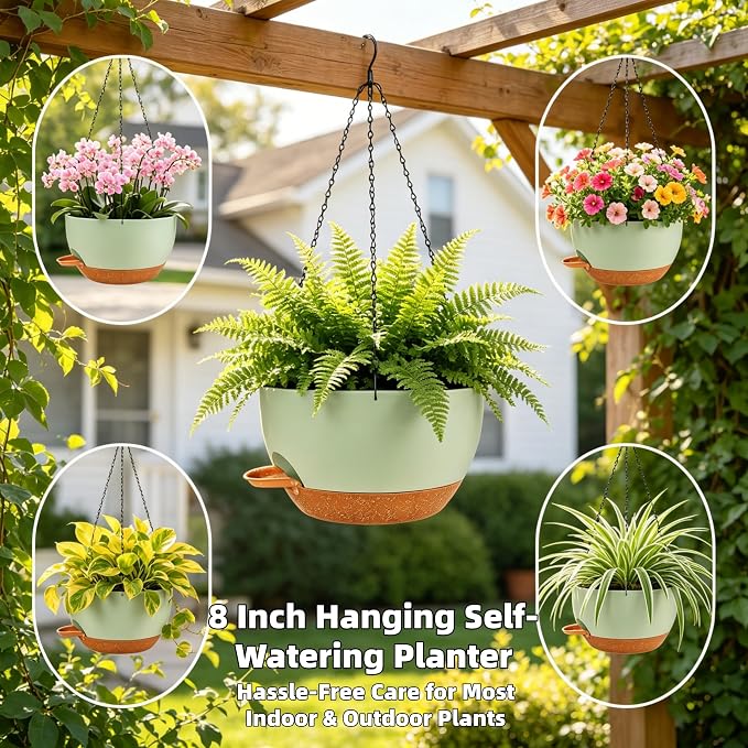 Set of 4-8 Inch Self Watering Hanging Planters for Indoor Outdoor，Hanging Plant Pots with Drainage & Removable Tray, Hanging Pots Holder for Ivy, Pothos, Ferns, Balcony & Patio, Green Brown