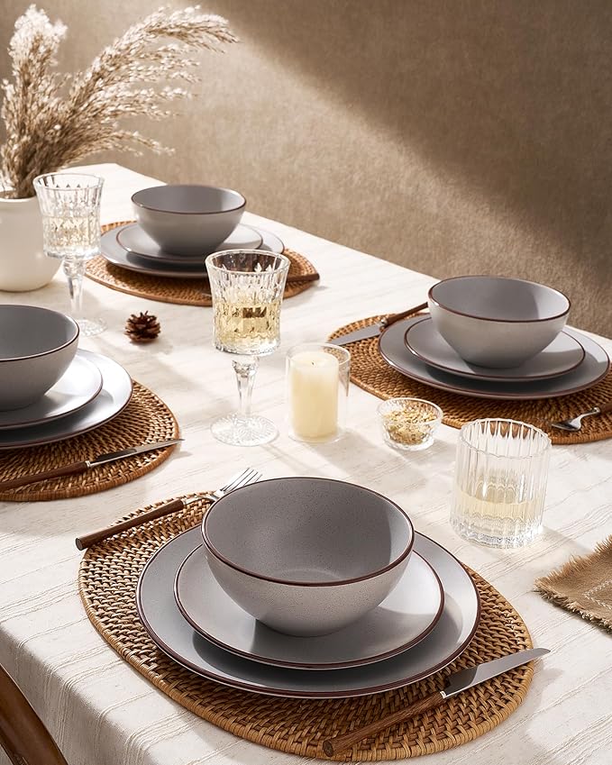 Famiware Venus Plates and Bowls Sets, 24 Pieces Stoneware Speckled Dishes Dinnerware Set for 8, Matte Light Gray - Microwave & Dishwasher Safe, Modern Minimalist, for Everyday Meals & Formal Dining
