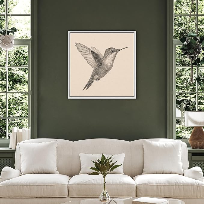 SIGNFORD Framed Canvas Print Wall Art Hummingbird Vintage Sketch Modern Art Relax/Calm Warm for Living Room, Bedroom, Office - 16"x16" WHITE